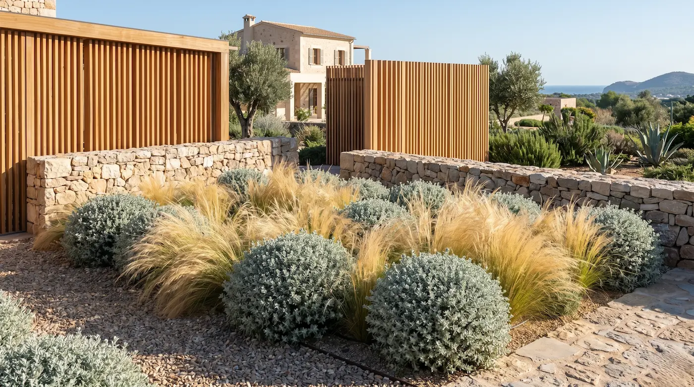 Extenso macizo plateado de romero de costa Westringia fruticosa en forma de cúpulas naturales entrelazado con gramíneas doradas frente a una moderna fachada de lamas de madera y piedra natural