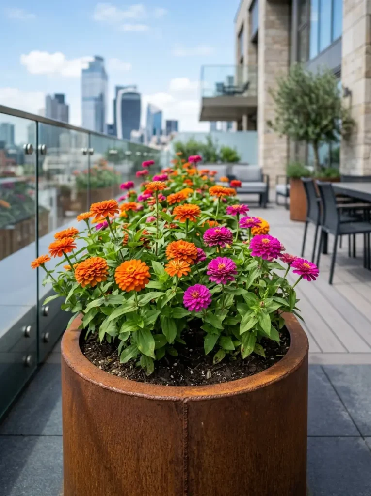 Detalle de zinnias en plena floración aportando un estallido cromático en una jardinera de acero corten en un ático urbano.