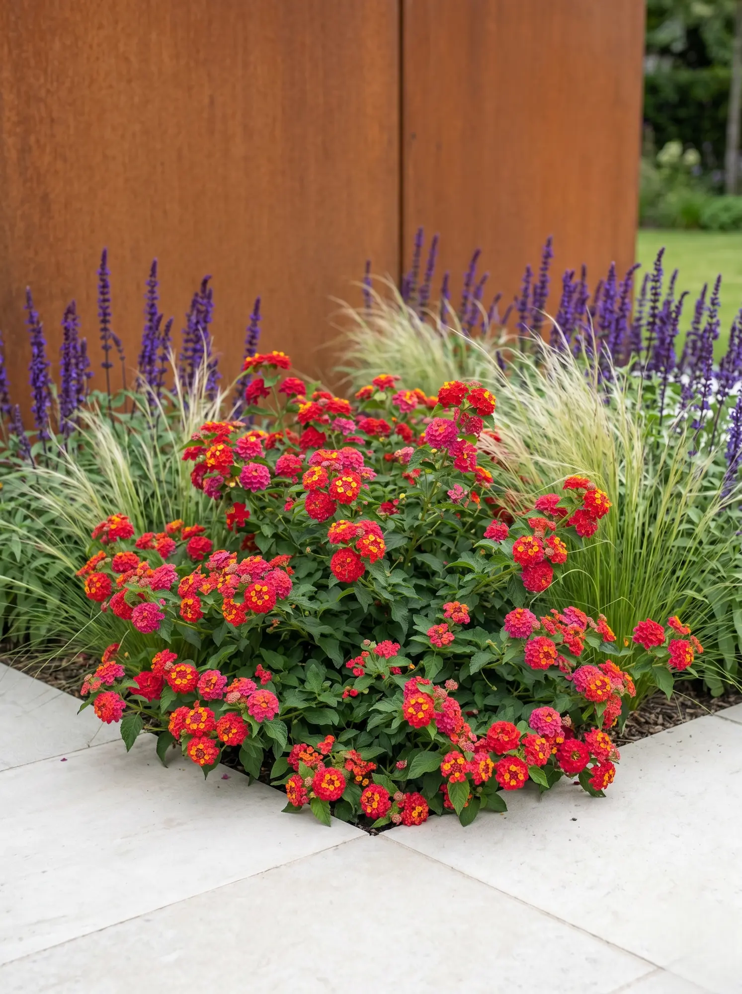 Lantana Camara Bandana Cherry La Lantana En El Diseño Exterior Tensión Cromática Y Rigor Botánico'Bandana Cherry' frente a un fondo arquitectónico de acero corten.