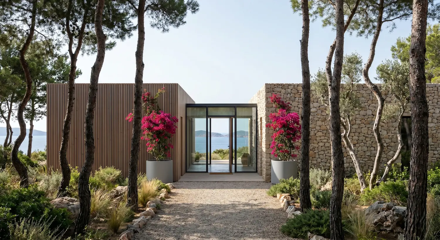 Vivienda Moderna Con Lamas De Madera Y Muro De Piedra Seca Paisajismo Costero Arquitectura Viento Y Matrices Botánicas Frente Al Mar