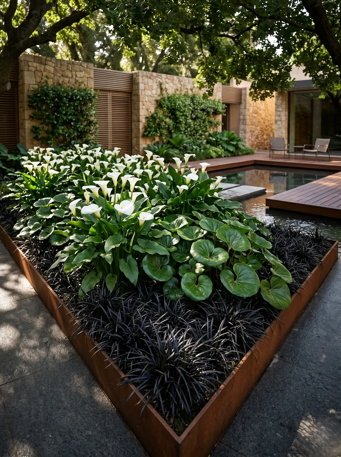 Zantedeschia Aethiopica Entrelazado Con Farfugium Japonicum Y Ophiopogon Negro Lirio Cala zantedeschia Aethiopica Luminosidad Escultural Y Arquitectura Del Agua
