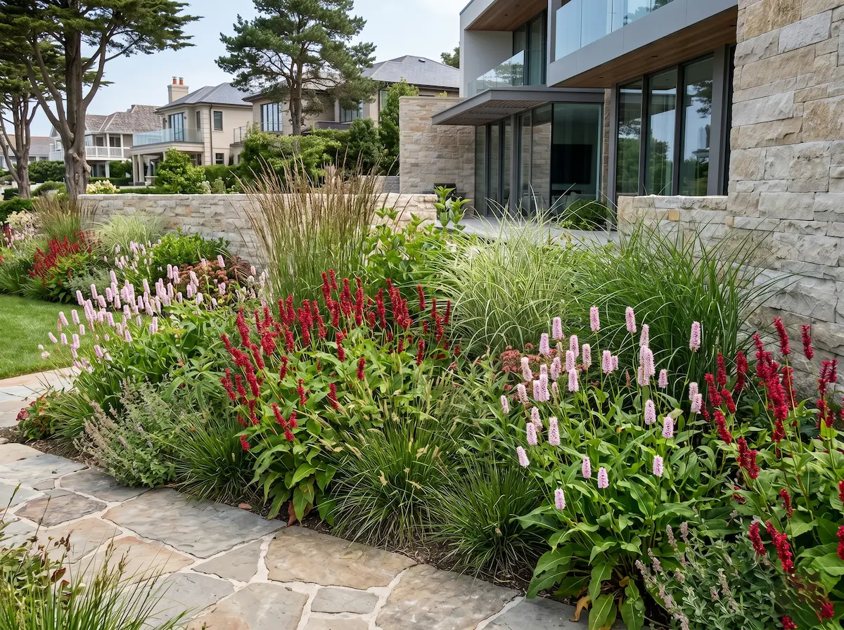 Bistorta Composición El Movimiento Estructural Bistorta Amplexicaulis En El Paisajismo Contemporáneo'Firedance' combinada con gramíneas y Persicaria 'Superba' frente a una villa contemporánea de piedra natural.