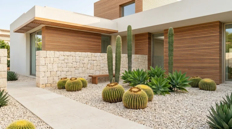 Plano medio bajo luz natural diurna de un jardín residencial moderno con grava decorativa, cactus columnares y suculentas.