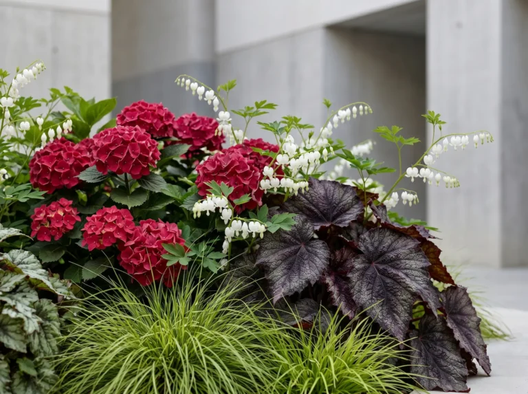 Plano medio corto mostrando el contraste botánico entre la Hortensia, Begonia, Carex y Dicentra en un contexto arquitectónico umbrío.