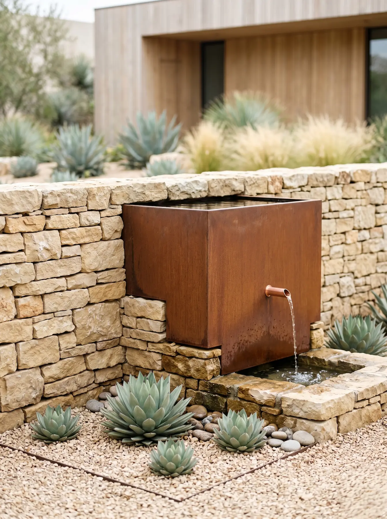 deposito acero corten con chorro agua jardinesconestiloblog Deposito Acero Corten Con Chorro Agua Técnicas Avanzadas De Captación De Agua De Lluvia Y Diseño De Aljibes En El Paisajismo Del Desierto