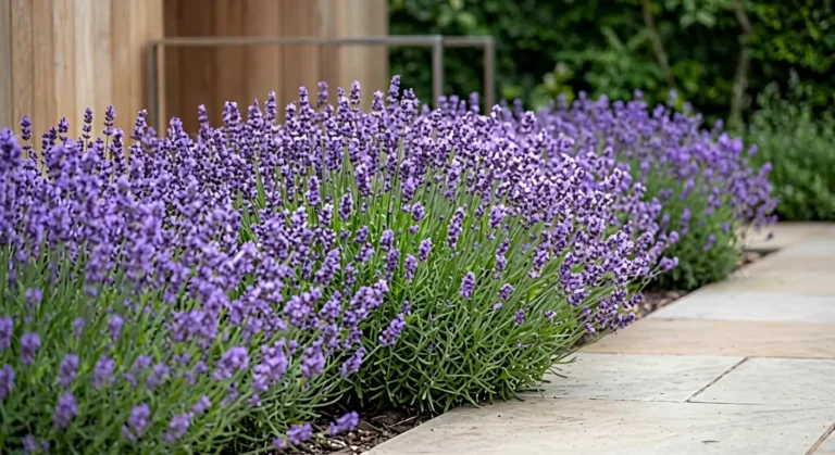 Plano medio de Lavandula canariensis mostrando tallos largos y finos con flores violeta claro en un entorno de jardinería sostenible con piedra noble.
