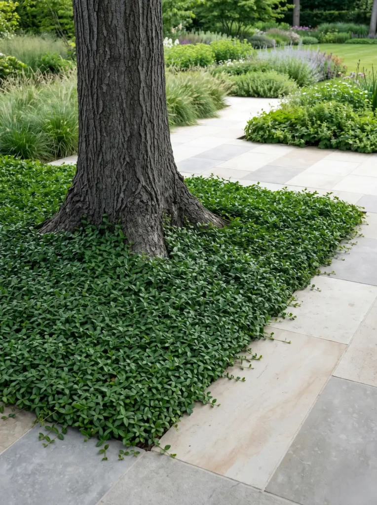 pie y tronco de arce ejemplar cubierto de vinca minor | jardinesconestiloblog Pie Y Tronco De Arce Ejemplar Cubierto De Vinca Minor Arces Ibéricos Color Otoñal Y Estructura En El Jardín Contemporáneo